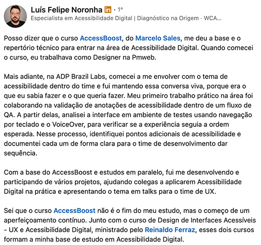 Publicação de Luís Felipe Noronha no LinkedIn. Texto completo disponível na transcrição abaixo.